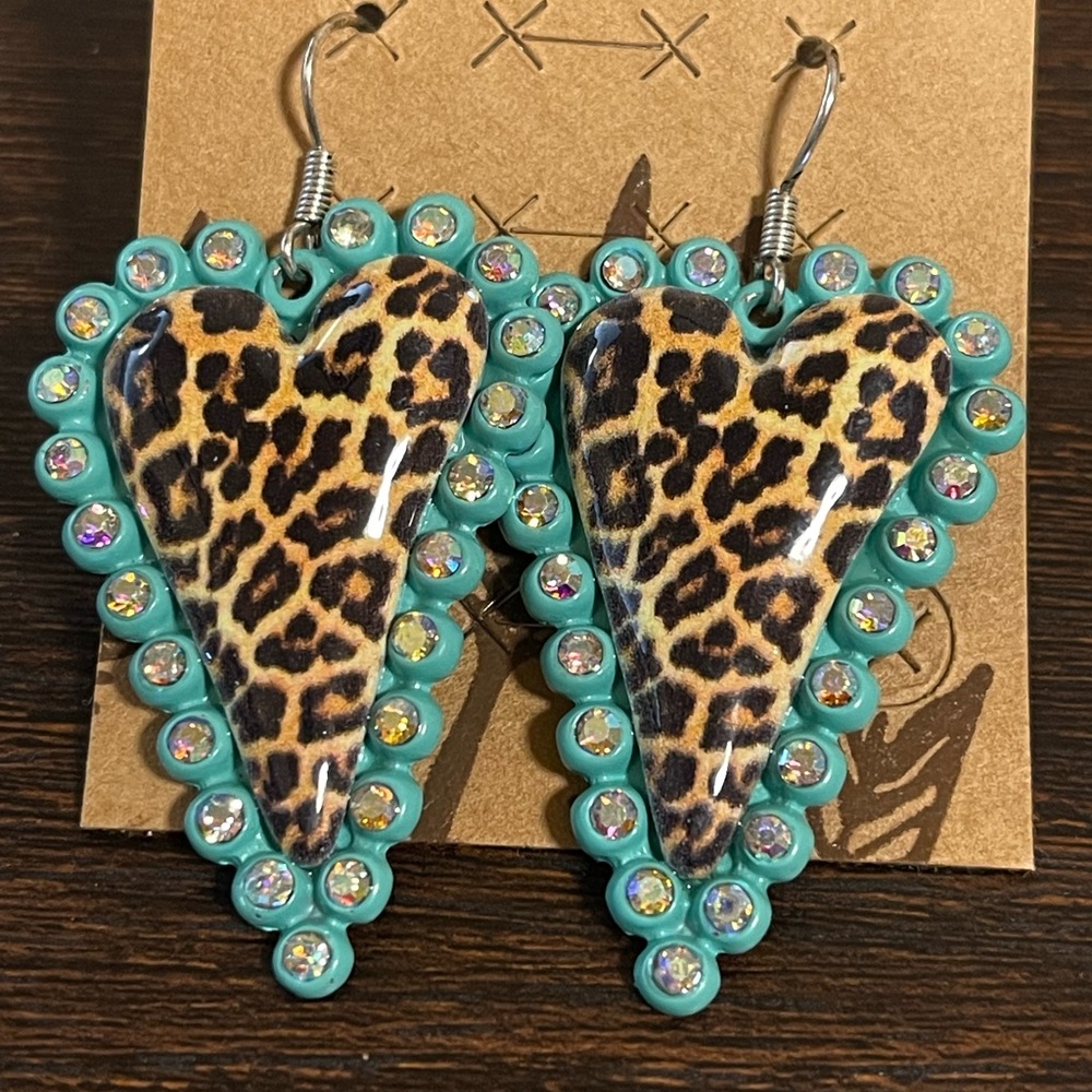 Teal and leopard heart dangle earrings
